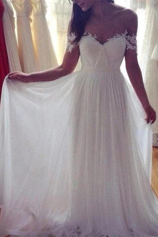 Sweep Train Chiffon Sleeveless Applique Lace Off-the-Shoulder Wedding Dress (ZD13854)