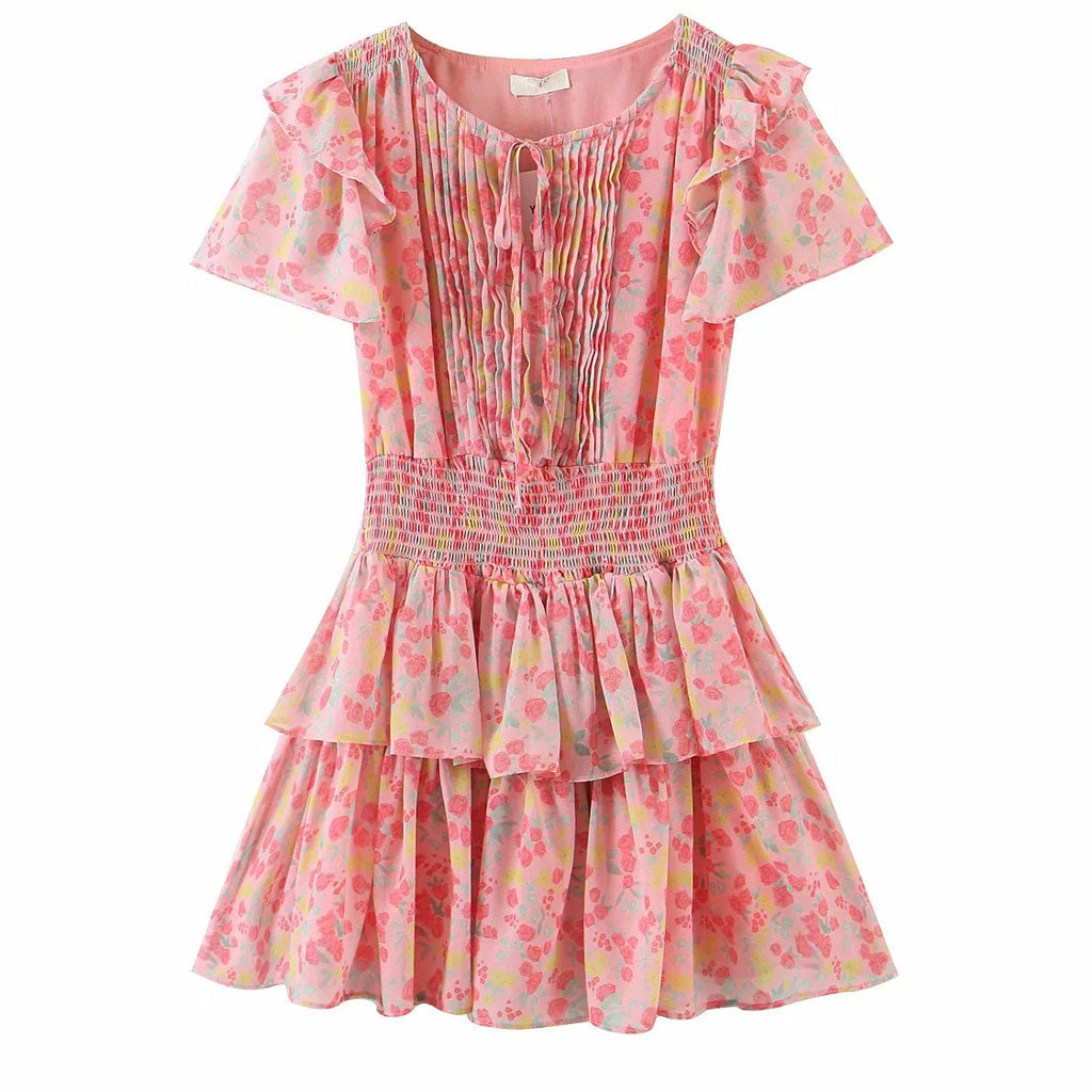 Tiered Ruffle Floral Printed Mini Dress - Pink