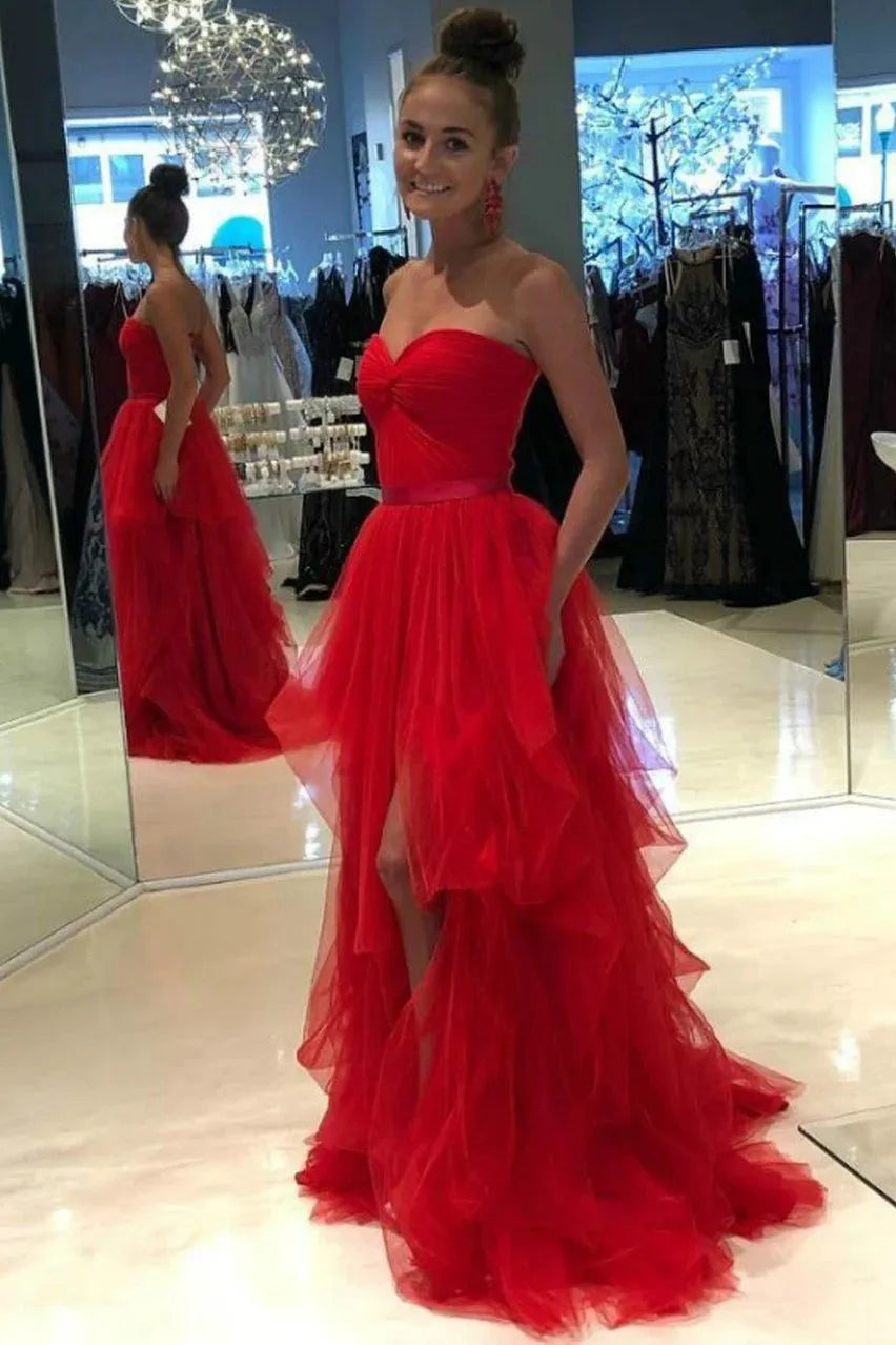 Red Tiered Tulle Evening Dress Slit Front Sweetheart Elegant Long Formal Prom Gowns Celebrity Dresses Robe De Soiree