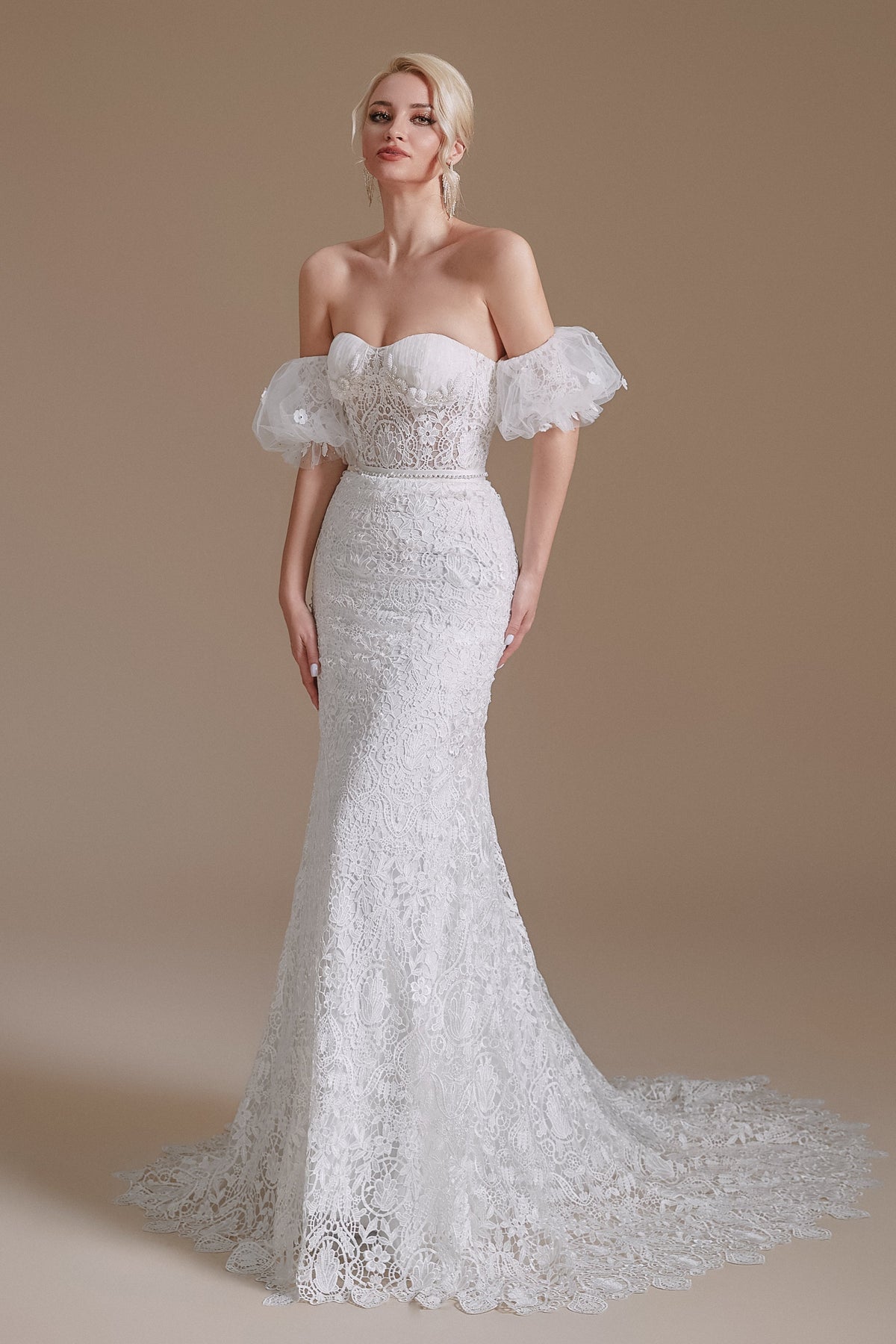 Sweetheart Detachable Bubble Sleeves Lace Mermaid Wedding Dress