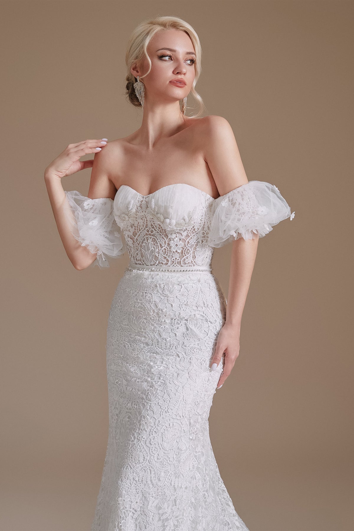 Sweetheart Detachable Bubble Sleeves Lace Mermaid Wedding Dress