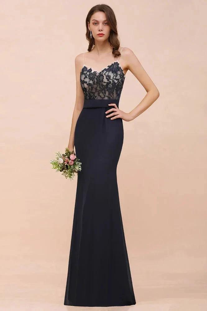 Sweetheart Floral Mermaid Bridesmaid Dress Sleeveless Navy Formal Party Dress by misshow.com