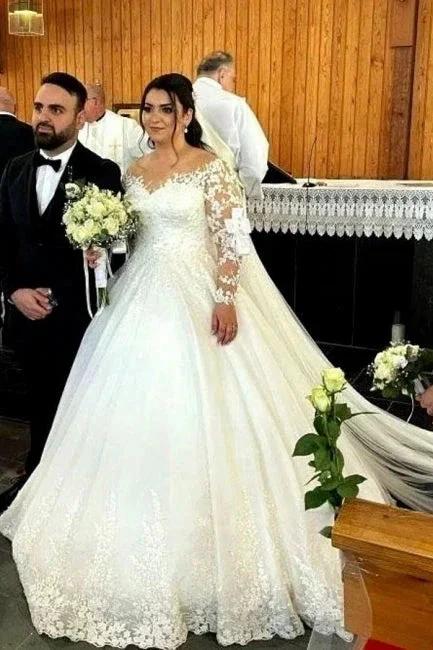 Sweetheart Long-Sleeve A-Line Tulle Wedding Dresses with Lace (ZD14657)