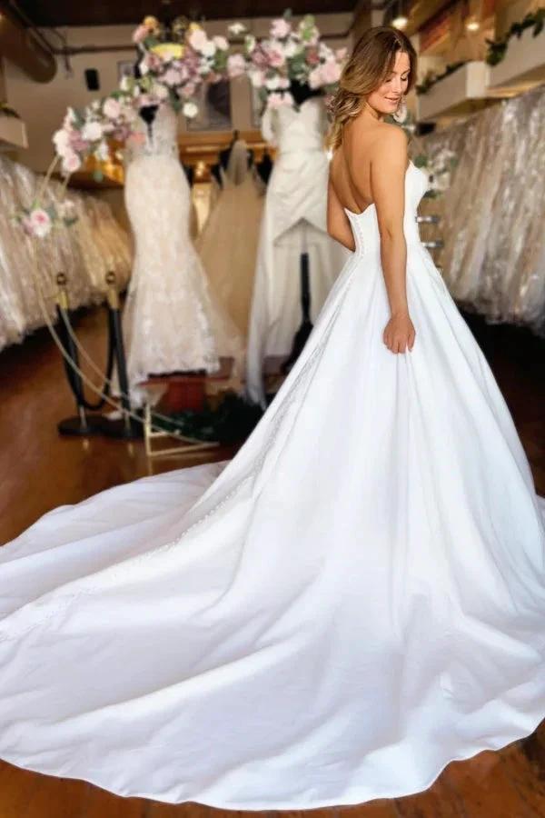 Sweetheart Long White Strapless A-line Satin Wedding Dress with Pockets (ZD15515)