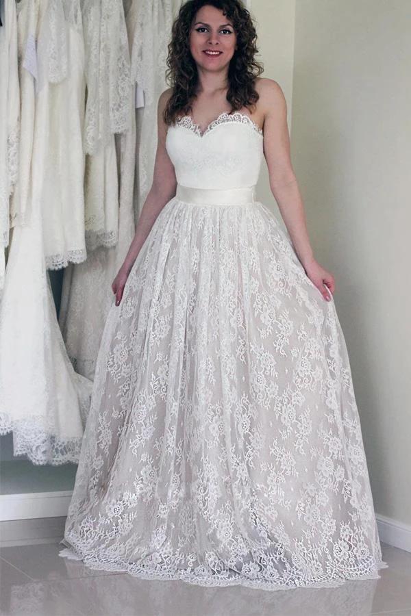 Sweetheart Sleeveless Long White Wedding Dress with Lace (ZD15422)
