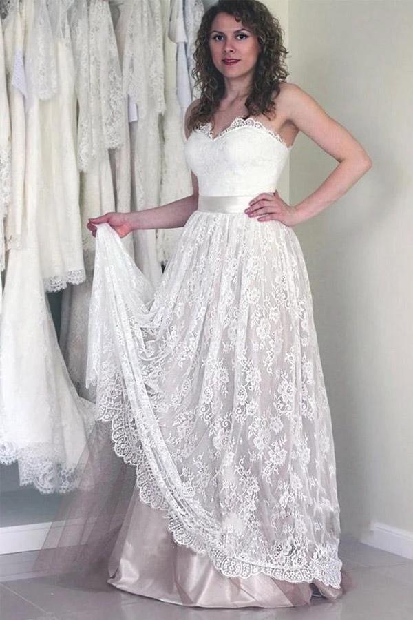 Sweetheart Sleeveless Long White Wedding Dress with Lace (ZD15422) - View 2 | VelvetHem