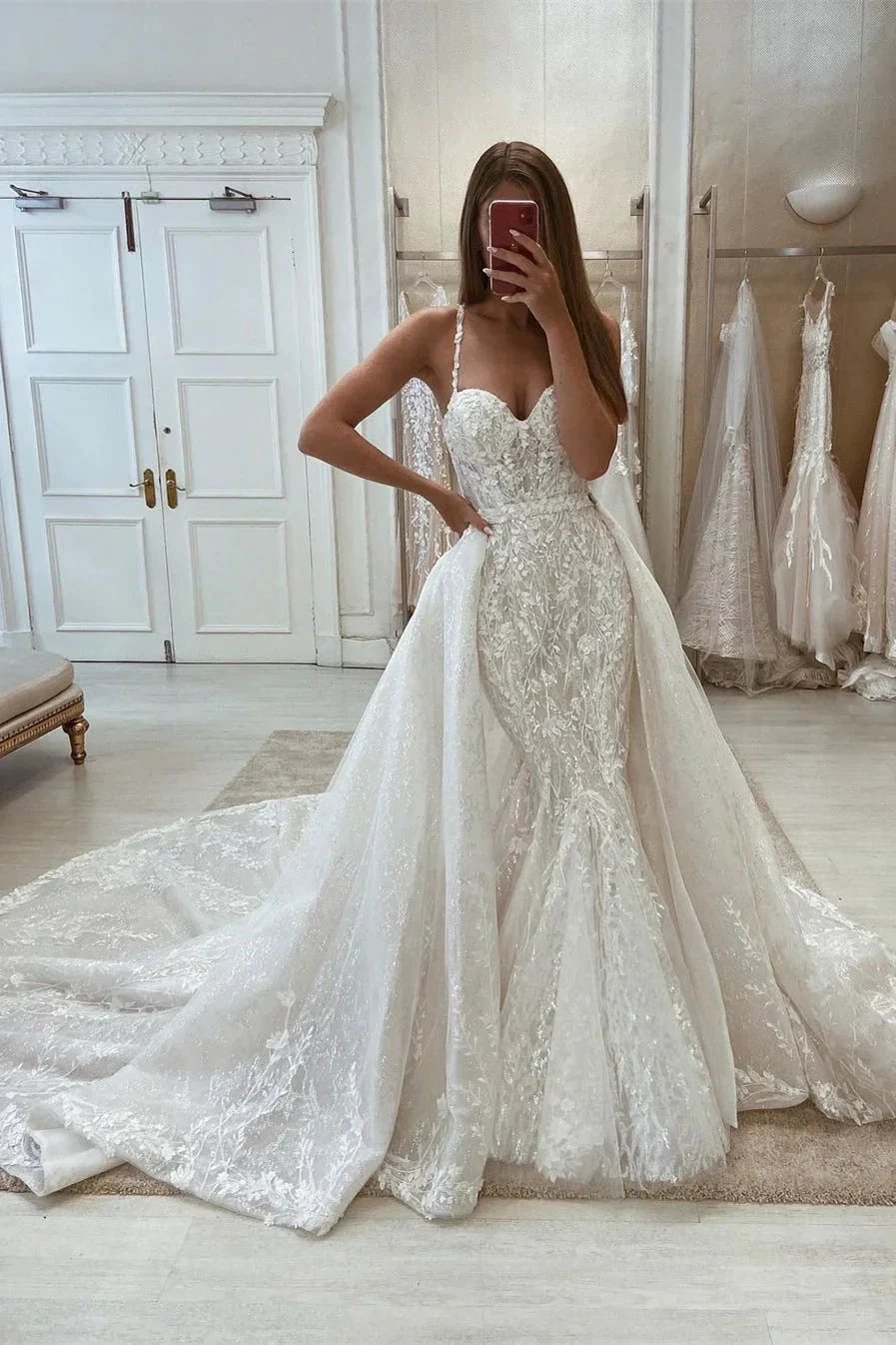 Sweetheart Spaghetti Straps Mermaid Sleeveless Lace Wedding Dress With Detachable Train (ZD14568)