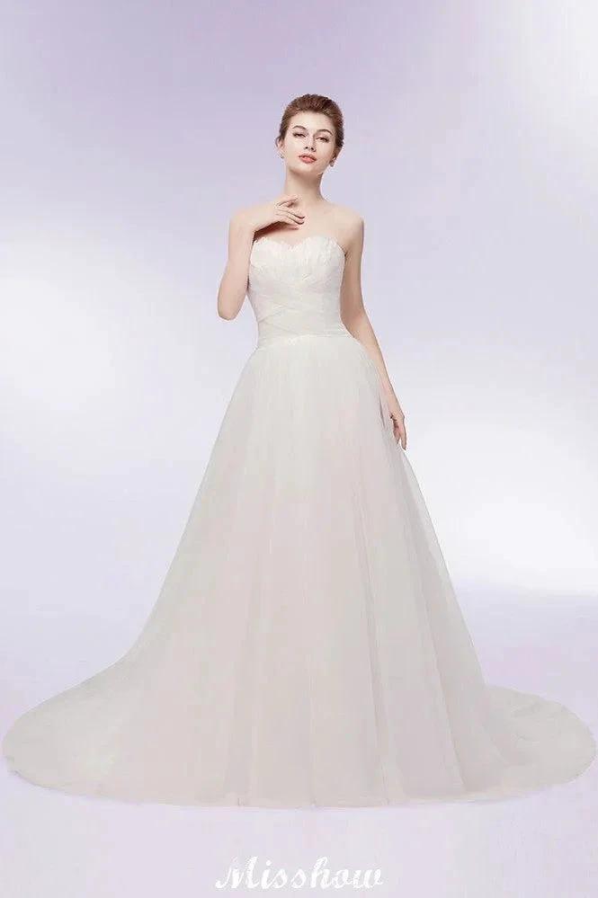 Sweetheart Strapless A-line Feathers Tulle Wedding Dresses by misshow.com