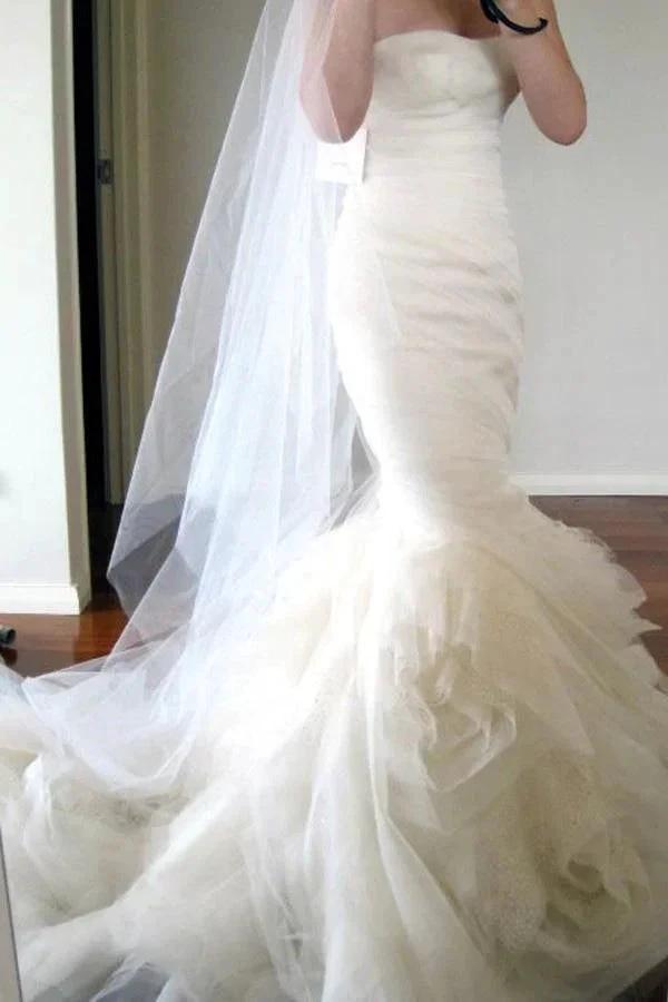 Sweetheart Sweep Train Tiered Mermaid Ivory Wedding Dress Ruched (ZD16040)