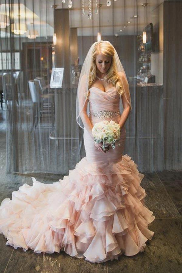 Sweetheart Tiered Train Organza Mermaid Wedding Dress with Beading (ZD16039)