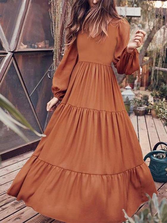 Temperament V Neck Long Sleeve Flowy Dress