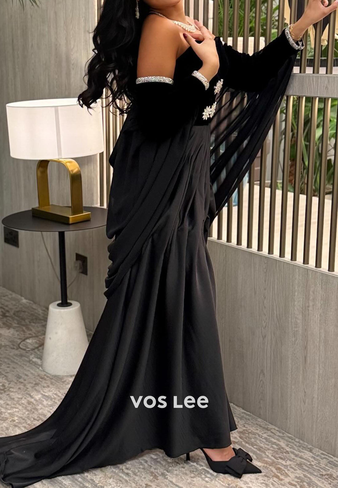 Luxury Black Velvet Beaded Diamonds Satin Long Prom Dress With Detachable Sleeves