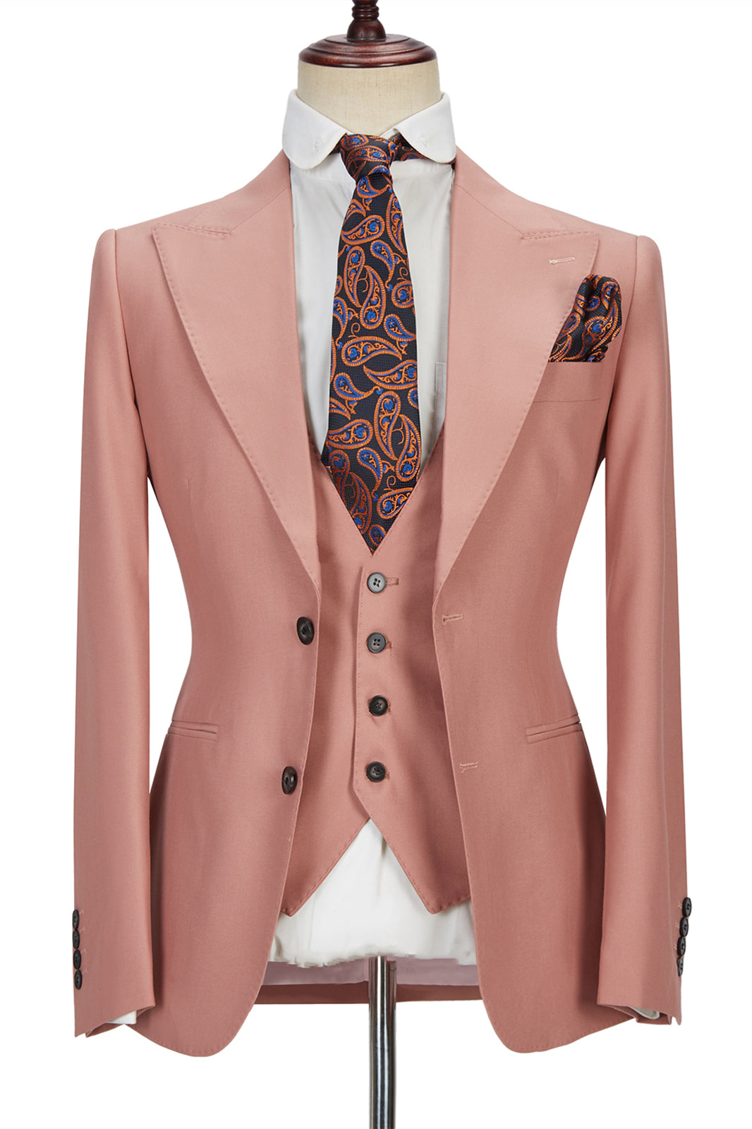 Three-piece Coral Pink Two Buttons Peak Lapel Custom design Men Suit