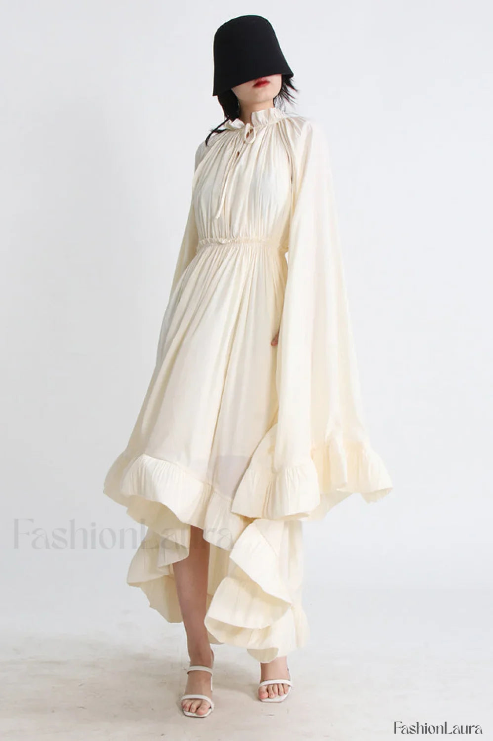 Tie Detailed Stylish Ruffled Crepe Dress
