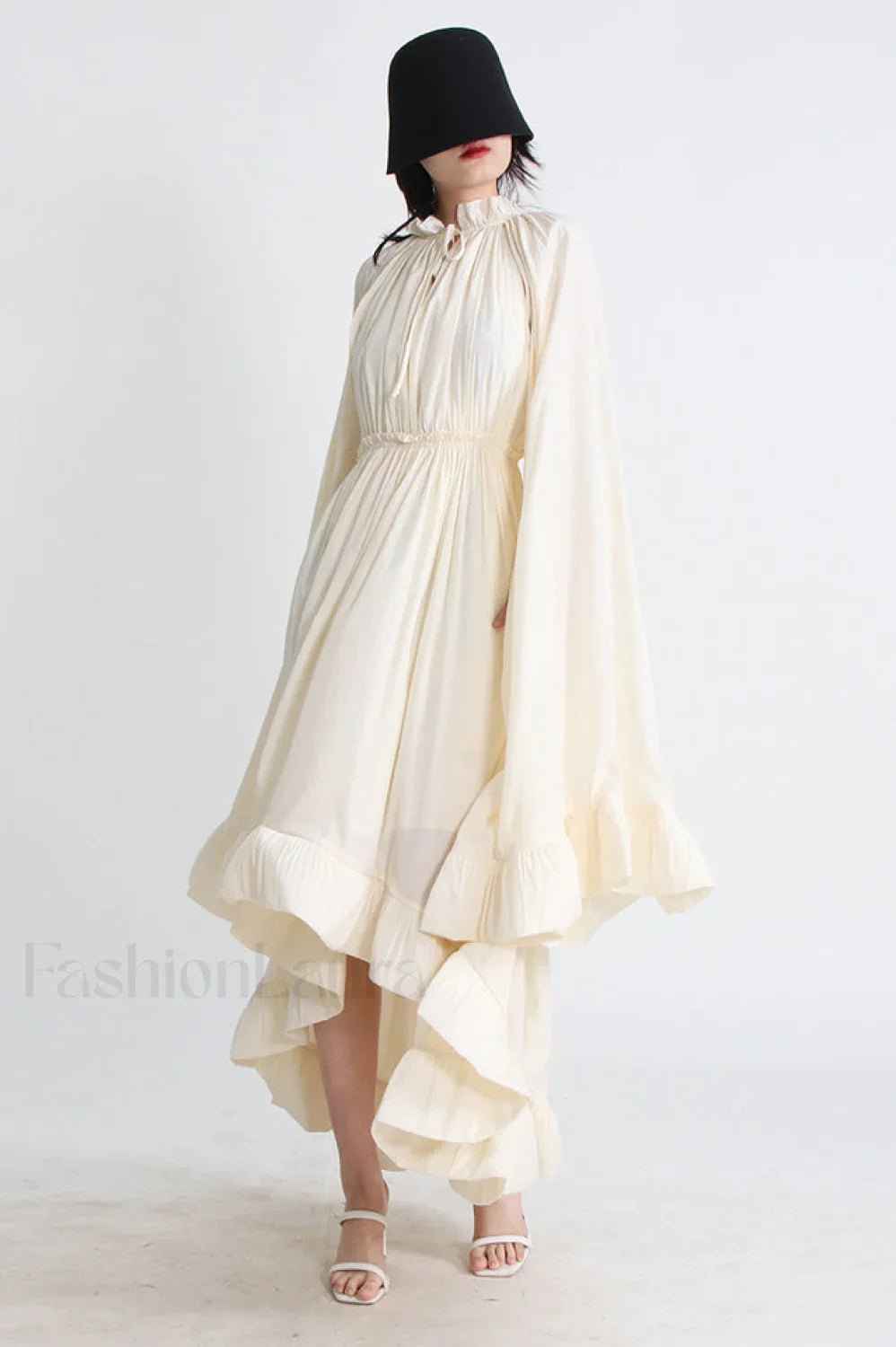 Tie Detailed Stylish Ruffled Crepe Dress