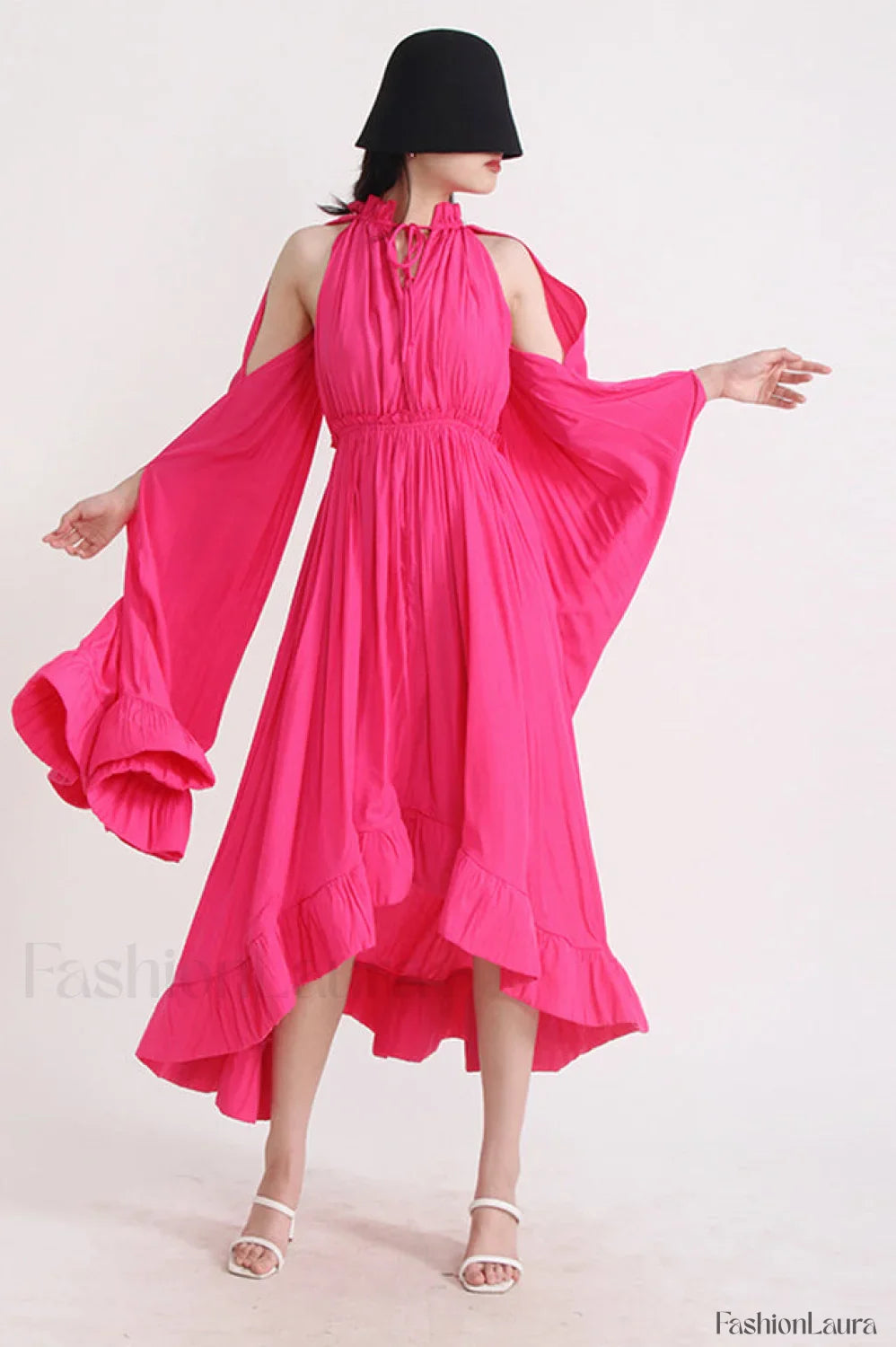 Tie Detailed Stylish Ruffled Crepe Dress