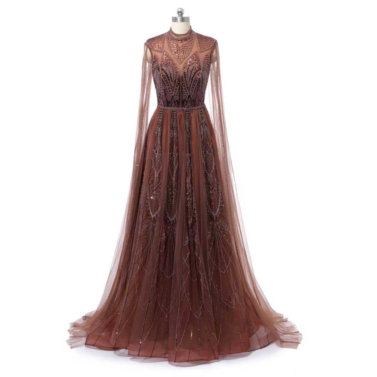Timeless Chocolate High Collar Long Sleeves Tulle Prom Dresses A-Line With Beads Pleats