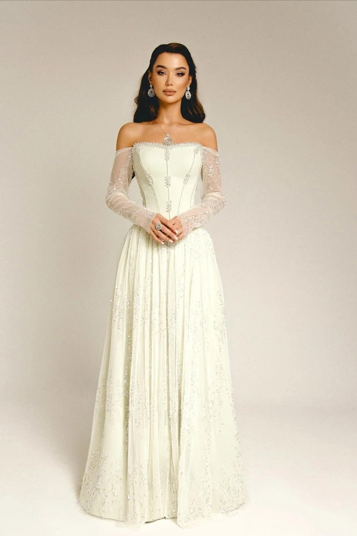 Timeless Off-The-Shoulder Long Sleeves A-Line Prom Dresses Sequins Gem Long Online