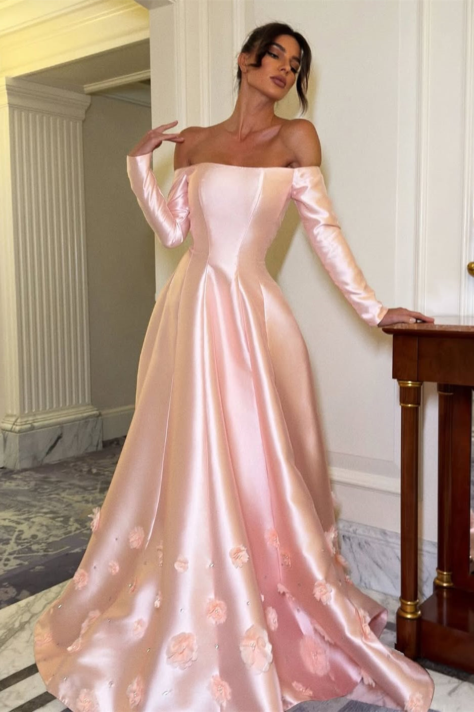 Timeless Pink Off-The-Shoulder Long Sleeves Satin Prom Dresses A-Line Lace-Up Back With Flower