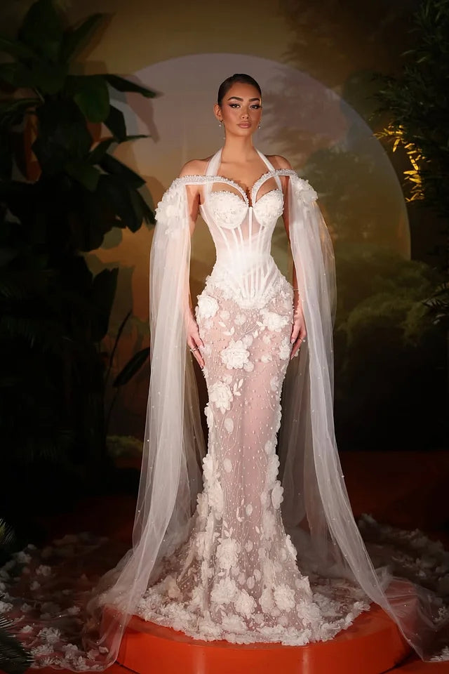 Timeless White Halter Off-The-Shoulder Tulle Prom Dresses Mermaid Pearl With Ruffles Flower