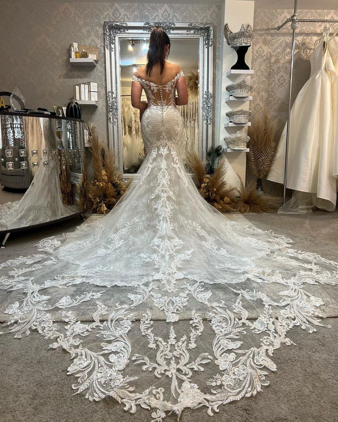 Trendy Floor Length Off-The-Shoulder Sleeveless Mermaid Lace Wedding Dress with Cathedral Train (ZD15761)