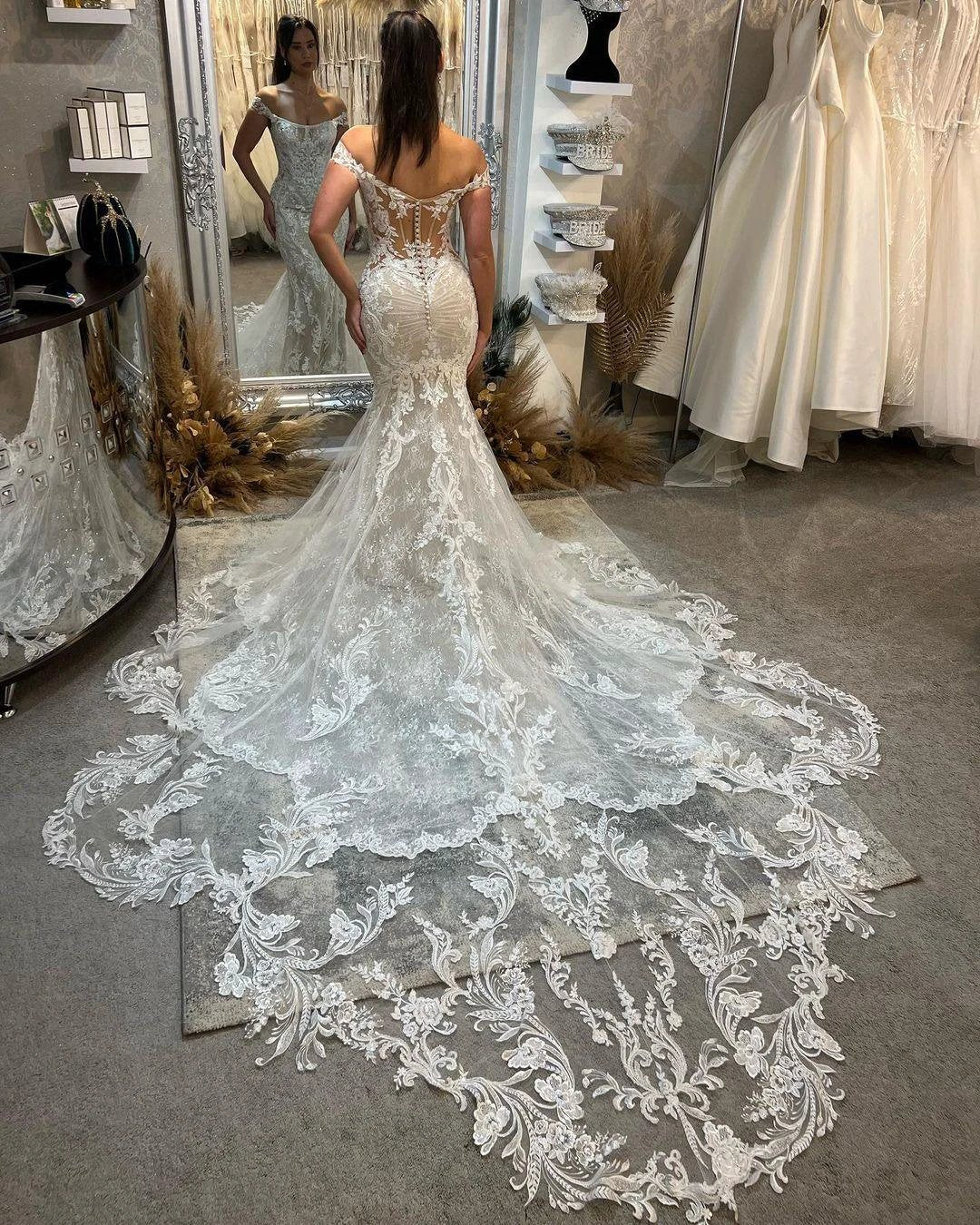 Trendy Floor Length Off-The-Shoulder Sleeveless Mermaid Lace Wedding Dress with Cathedral Train (ZD15761)