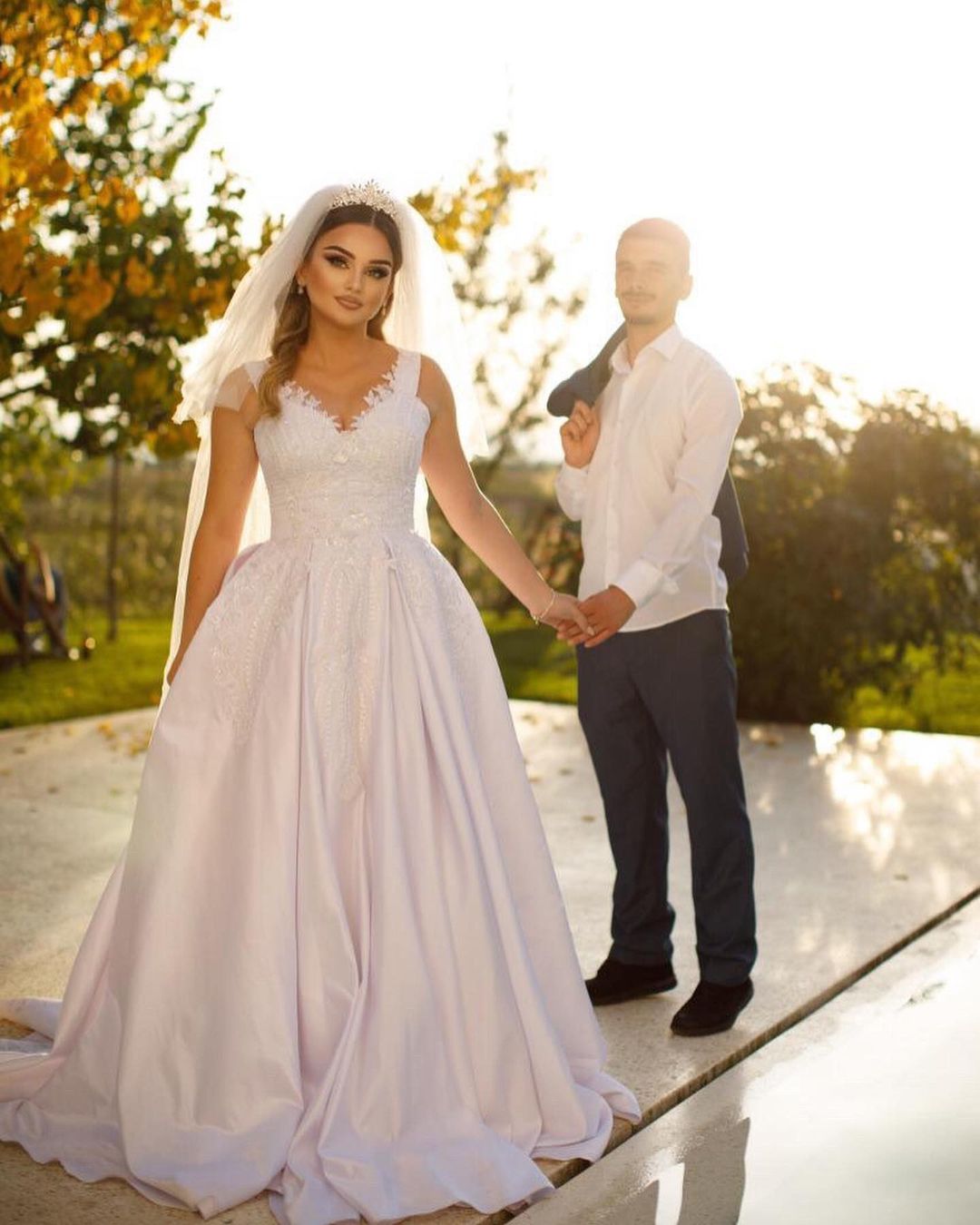 Trendy Floor-Length Sweetheart Spaghetti Strap Sleeveless A-Line Satin Wedding Gown with Beaded Details (ZD17496)