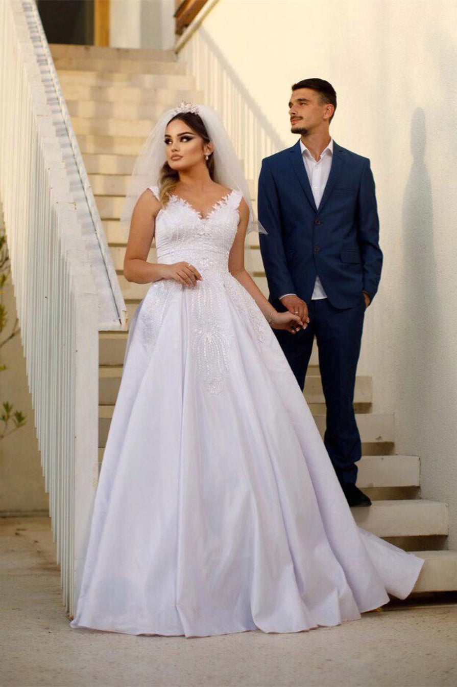Trendy Floor-Length Sweetheart Spaghetti Strap Sleeveless A-Line Satin Wedding Gown with Beaded Details (ZD17496)