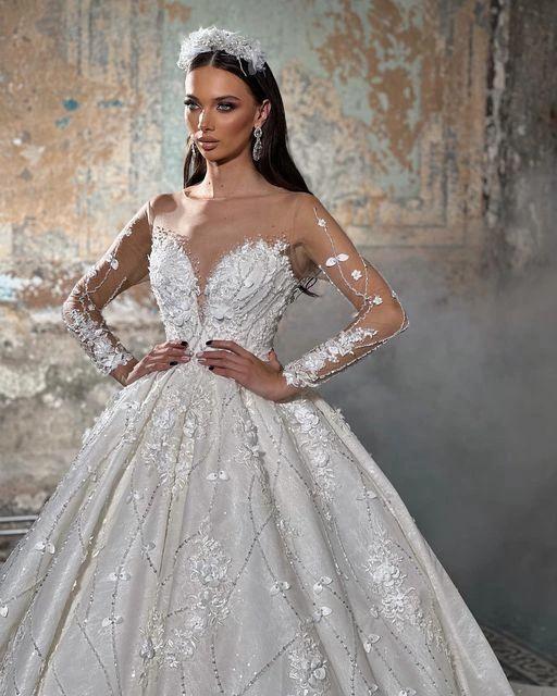Trendy Floor Length V-Neck Long Sleeves A-Line Lace Wedding Dress with Appliques (ZD14787)