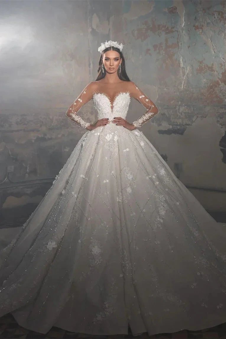 Trendy Floor Length V-Neck Long Sleeves A-Line Lace Wedding Dress with Appliques (ZD14787)
