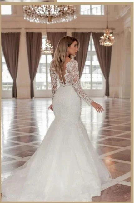 Trendy Long Sleeves V-Neck Mermaid Wedding Dress with Chapel Train (ZD16503)