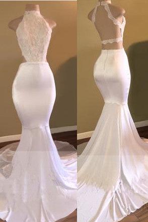 Trendy White Mermaid High-Neck Sleeveless Prom Party Gowns