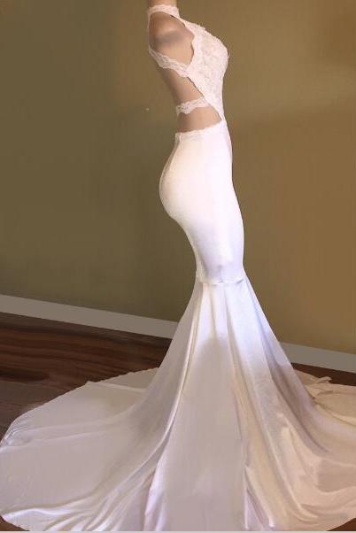 Trendy White Mermaid High-Neck Sleeveless Prom Party Gowns