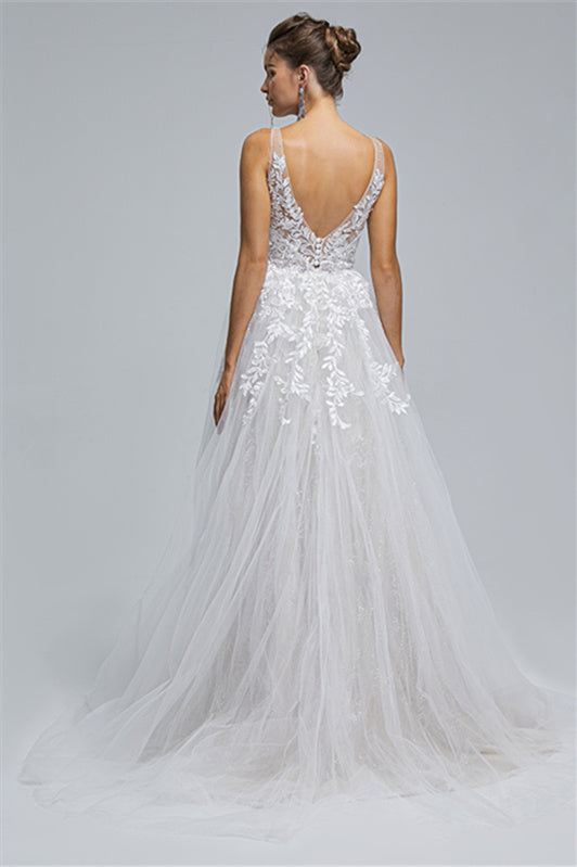 Tulle A-Line Sheer Straps V-Neck Applique Floor-Length Sleeveless Wedding Dress Cover