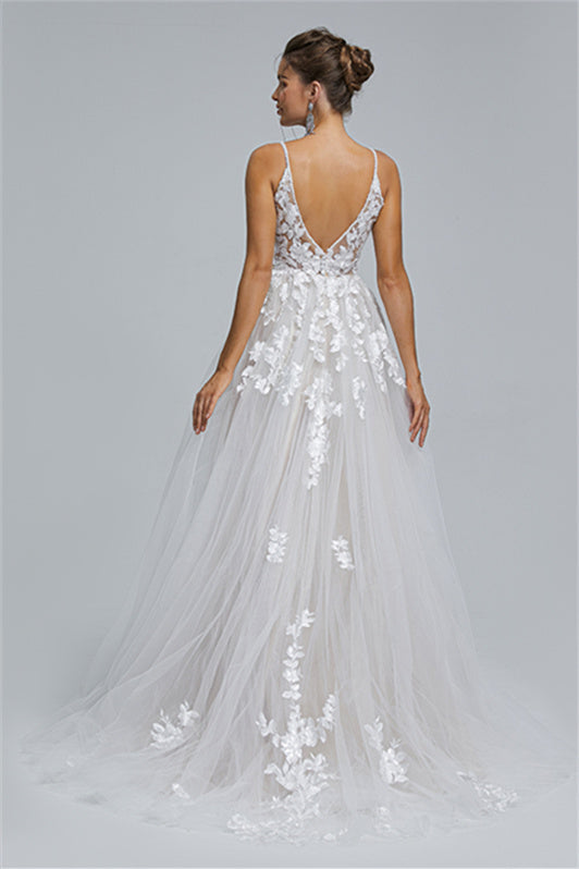 Tulle A-Line Sheer Straps V-Neck Applique Floor-Length Sleeveless Wedding Dress Cover