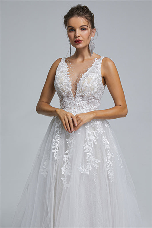 Tulle A-Line Sheer Straps V-Neck Applique Floor-Length Sleeveless Wedding Dress Cover