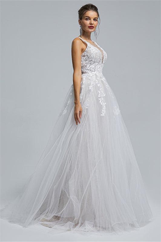 Tulle A-Line Sheer Straps V-Neck Applique Floor-Length Sleeveless Wedding Dress Cover