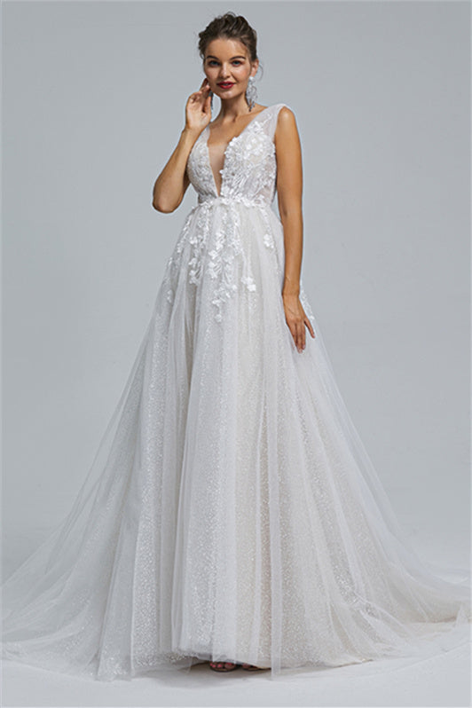 Tulle A-Line Sheer Straps V-Neck Applique Floor-Length Sleeveless Wedding Dress Cover
