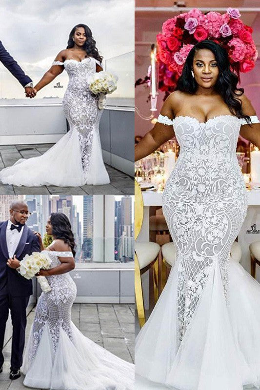 Tulle Court Train Mermaid Sleeveless Off the Shoulder Ruffless Wedding Dresses