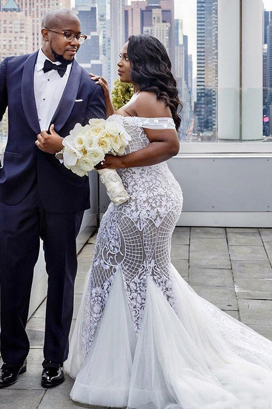 Tulle Court Train Mermaid Sleeveless Off the Shoulder Ruffless Wedding Dresses