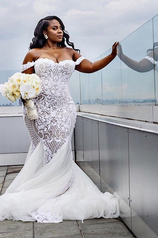 Tulle Court Train Mermaid Sleeveless Off the Shoulder Ruffless Wedding Dresses