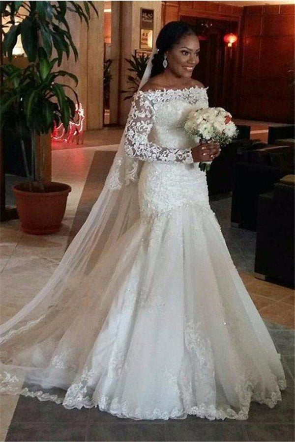 Tulle Floor-Length Mermaid Off-the-Shoulder Long Sleevess Lace Wedding Dresses
