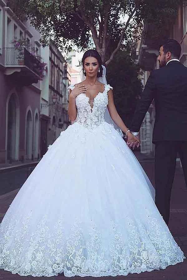 Tulle V-neck Neckline Ball Gown Wedding Dresses With Lace Appliques (ZD15406) - View 2 | VelvetHem