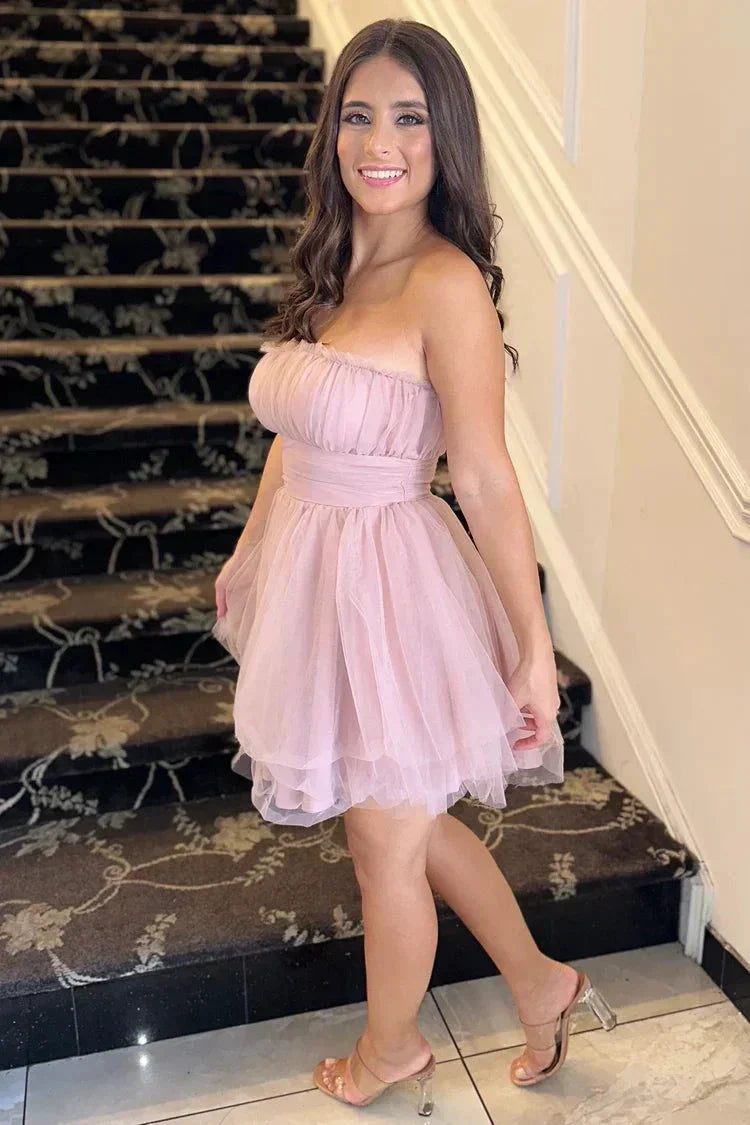 tulle mesh tube top homecoming dress (ZD11710)