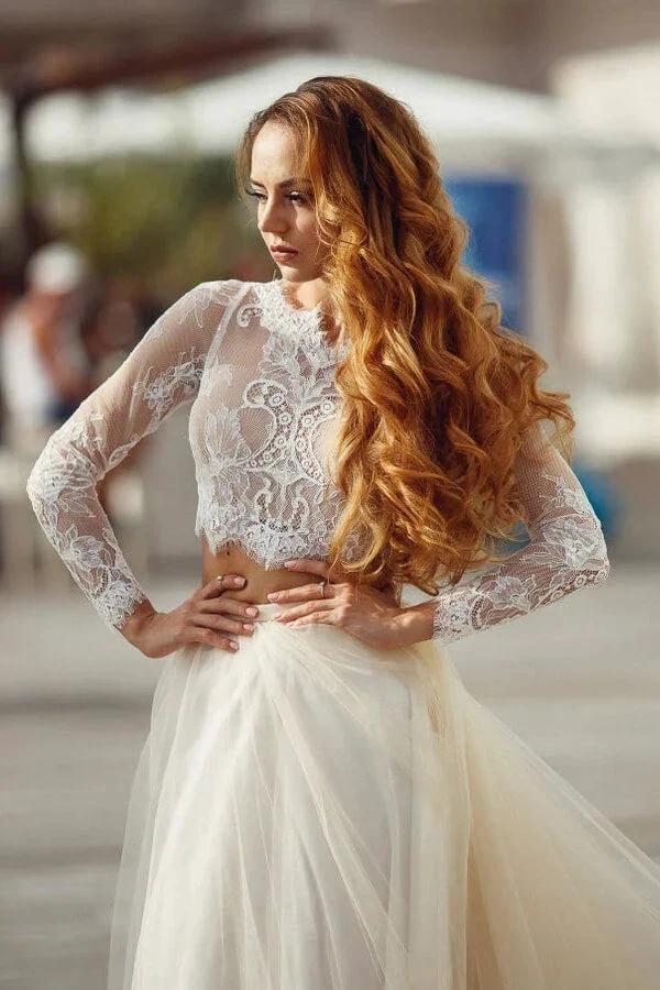 Two Piece A-line Long Lace Tulle Wedding Dress with Sleeves (ZD14366)