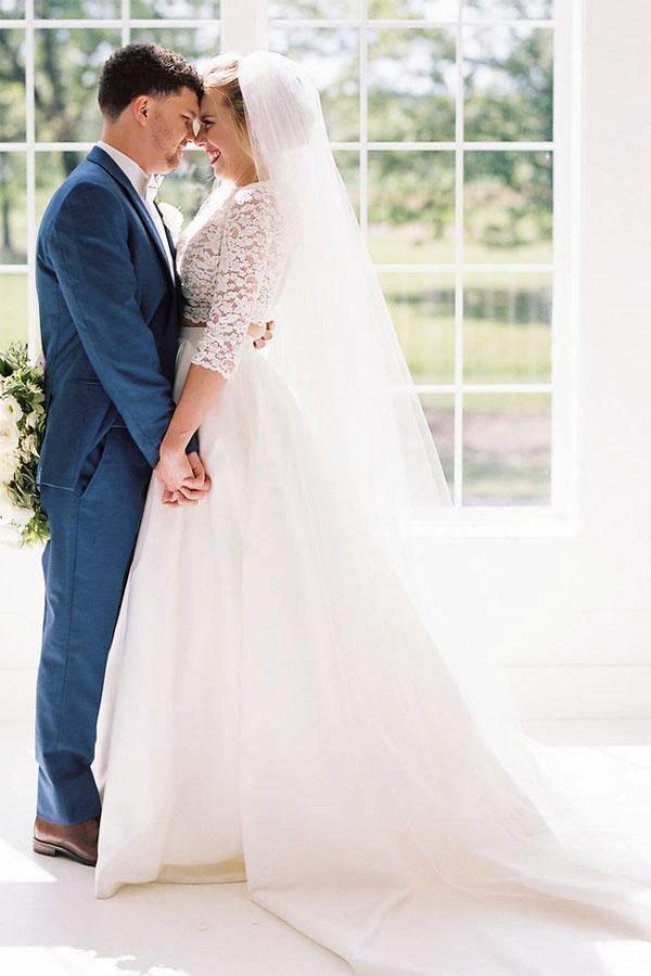 Two Piece Half Sleeves See-Through Wedding Dress with Lace Top (ZD15347) - View 2 | VelvetHem