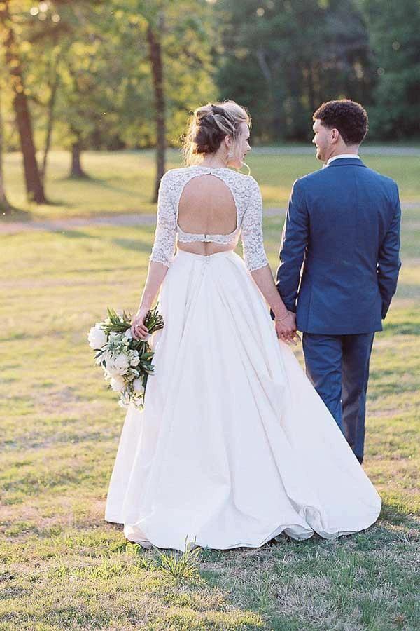 Two Piece Half Sleeves See-Through Wedding Dress with Lace Top (ZD15347) - View 3 | VelvetHem