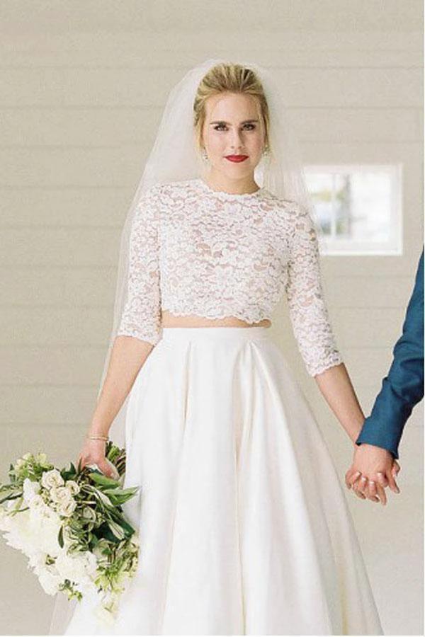Two Piece Half Sleeves See-Through Wedding Dress with Lace Top (ZD15347)