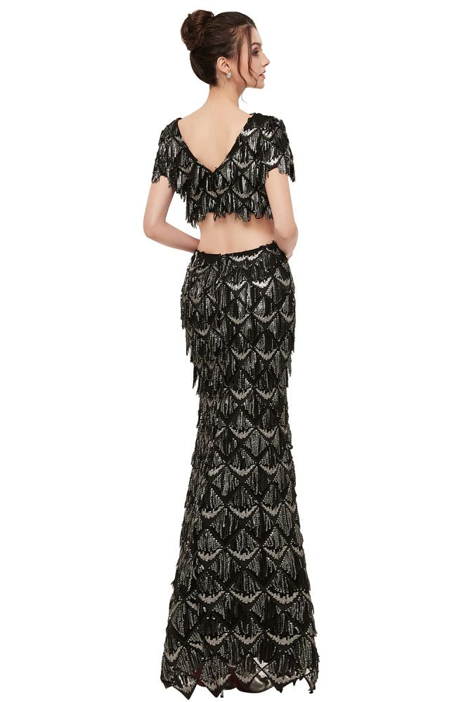 Two-piece Mermaid V-neck Short Sleeves Long Sequined Black Prom Dresses - View 10 | VelvetHem