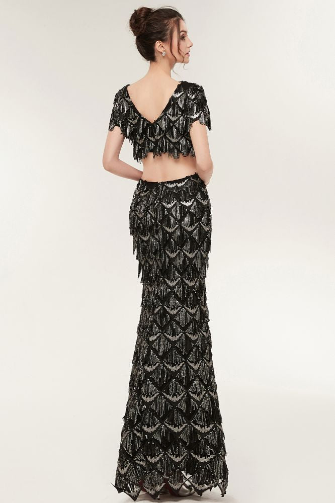 Two-piece Mermaid V-neck Short Sleeves Long Sequined Black Prom Dresses - View 5 | VelvetHem